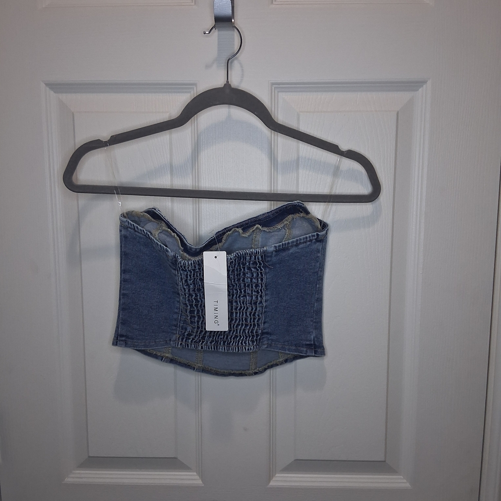 Timing Denim Blue Strapless Crop Top - Picture 2 of 2